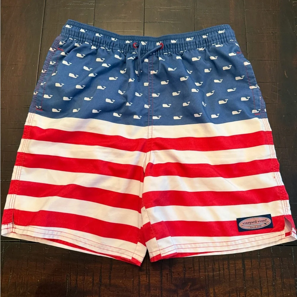 Vineyard Vines Red, White & Blue Whale Stripe Swim Shorts - Boys M (12-14)
